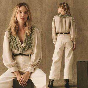 NWT The Great Button Ruffled Tuxedo Long Sleeve Deep V Neckline Top Silver